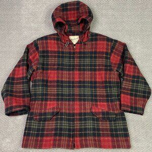 Vintage Woolrich Coat Jacket Women's Large Red Plaid Wool Hooded Full Zip USA